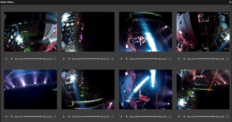 Ansicht von AutoPano Video Pro mit 8 GIT-2 Kamera-Videofeeds in 2.6K Qualität, arrangiert für ein Konzert